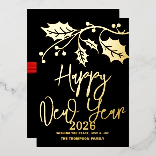 ２０２６年新年おめでとう、赤いリボン 箔シーズンカード (正面/裏面)