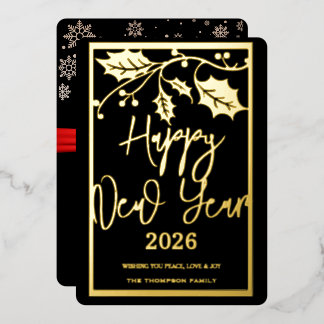 ２０２６年新年おめでとう、赤いリボン 箔シーズンカード