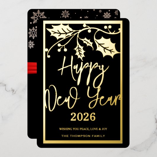 ２０２６年新年おめでとう、赤いリボン 箔シーズンカード (正面/裏面)