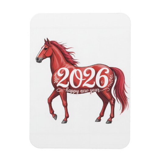 2026年新年 赤い馬のイラスト入りグリーティングカード マグネット (縦)