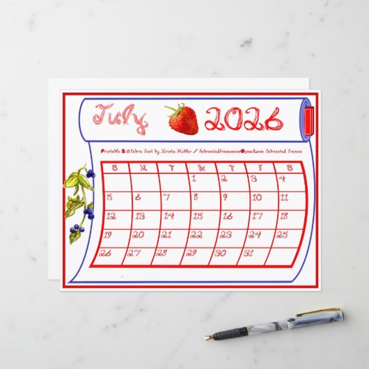 2026年7月カレンダー 赤 青 ベリー 生地 フォント ボルト (正面/裏面インサイチュ)