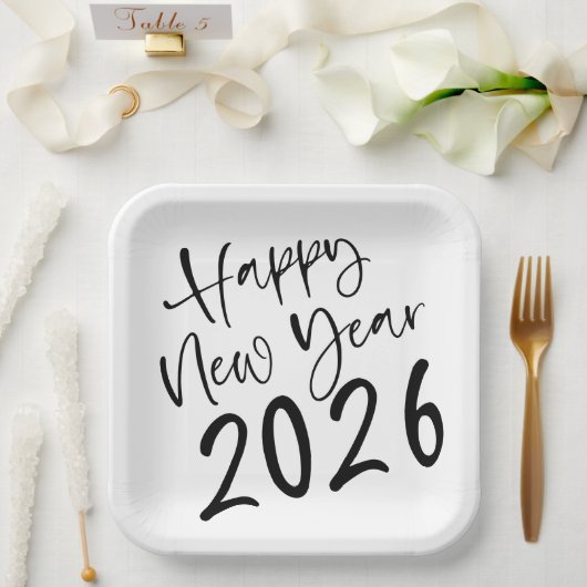 ２０２６年　ブラックスクリプト　新年の挨拶 ペーパープレート (ウェディング)