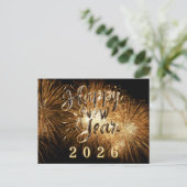 2026年 新年の金色の装飾と花火の光 ポストカード (スタンド正面)