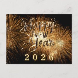 2026年 新年の金色の装飾と花火の光 ポストカード