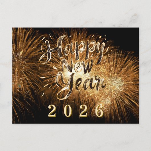 2026年 新年の金色の装飾と花火の光 ポストカード (正面)