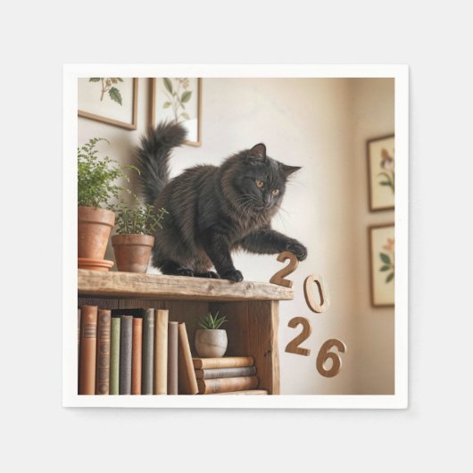 ２０２７年新年 遊び心のある猫 スタンダードカクテルナプキン (正面)