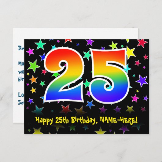 ２５歳の誕生日おめでとう：楽しいスターパターン、虹２５、名前 ポストカード (正面/裏面)