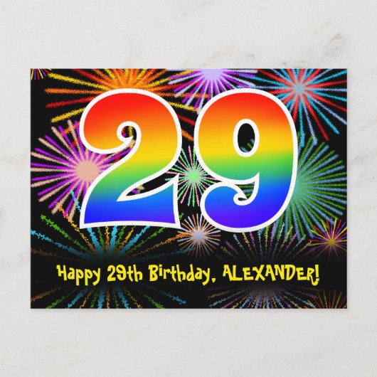 ２９歳の誕生日おめでとう　楽しい花火柄＋虹２９ ポストカード (正面)