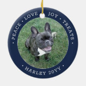 ２ フォト ピース ラブ ジョイ トリーツ キュート ドッグ ネイビー ブルー セラミックオーナメント (裏面)