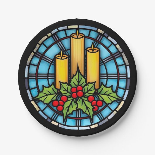 ３つのキャンドルとホーリー　クリスマス　ステンドグラス ペーパープレート (正面)