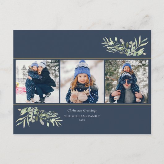 3つの写真を使ったクリスマスグリーティングカード モダンなグリーン シーズンポストカード (正面)