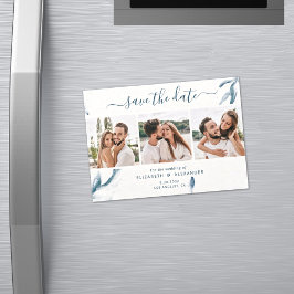 ３枚の写真　エレガントな青　水彩　シンプルなウェディング マグネット招待状