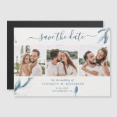 3枚の写真 エレガントな青 水彩 シンプルなウェディング マグネット招待状 (正面/裏面)