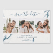 3枚の写真 エレガントな青 水彩 シンプルなウェディング マグネット招待状 (正面)