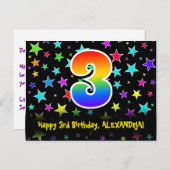 3歳の誕生日おめでとう!楽しい星の模様と虹3、名前入り ポストカード (正面/裏面)