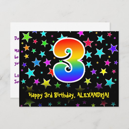 3歳の誕生日おめでとう!楽しい星の模様と虹3、名前入り ポストカード (正面/裏面)