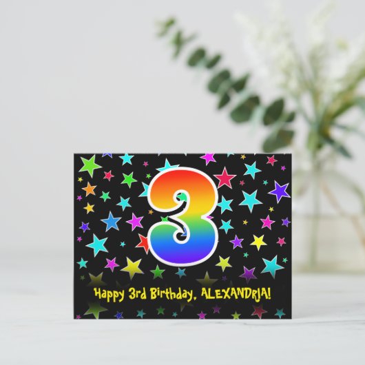 3歳の誕生日おめでとう!楽しい星の模様と虹3、名前入り ポストカード (スタンド正面)