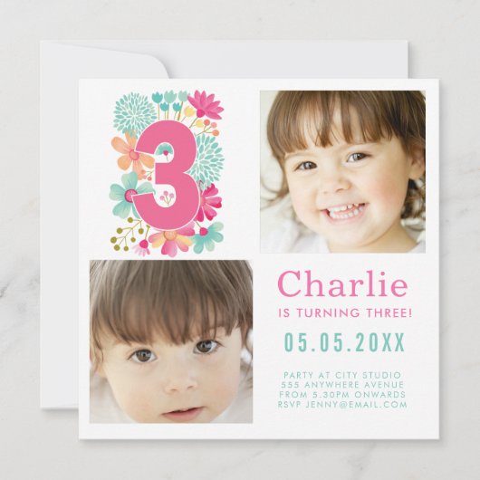 3歳の誕生日パーティー フォトスクエア 招待状 (正面)
