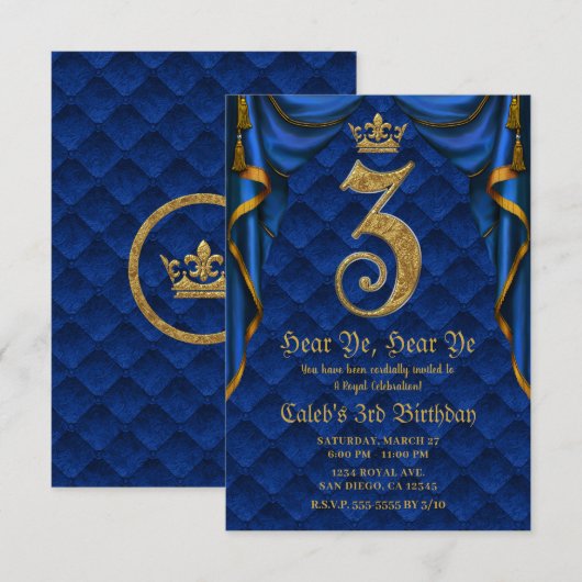 ３歳の誕生日パーティー 王冠 ロイヤルブルー ゴールド 招待状 (正面/裏面)