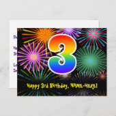 3歳の誕生日 – 楽しい花火模様+虹3 ポストカード (正面/裏面)