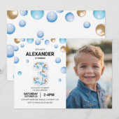 ３歳誕生日男の子パーティー写真青金風船 招待状 (正面/裏面)