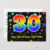 ３０歳の誕生日おめでとう：楽しいスターパターン、虹３０、名前 ポストカード (正面/裏面)