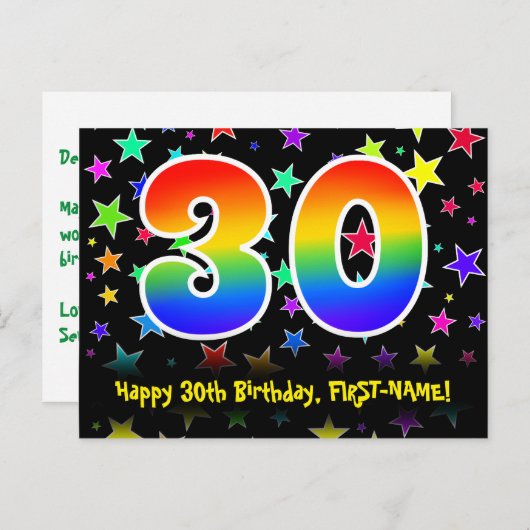 ３０歳の誕生日おめでとう：楽しいスターパターン、虹３０、名前 ポストカード (正面/裏面)