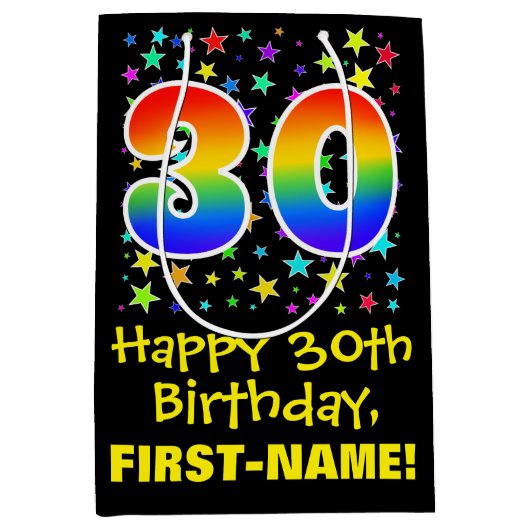 30歳の誕生日:カラフルな星柄と虹 30 ミディアムペーパーバッグ (正面)