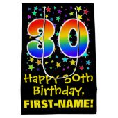 30歳の誕生日:カラフルな星柄と虹 30 ミディアムペーパーバッグ (裏面)