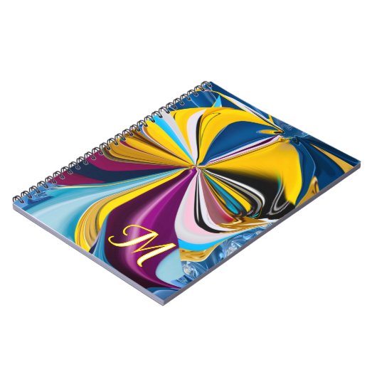 3D ブルー パープル ゴールド モノグラム 液状の抽象的なデザイン ノートブック (左側)
