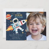 ４つの星に手を伸ばそう  スペース４歳誕生日パーティー招待状 招待状 (正面)