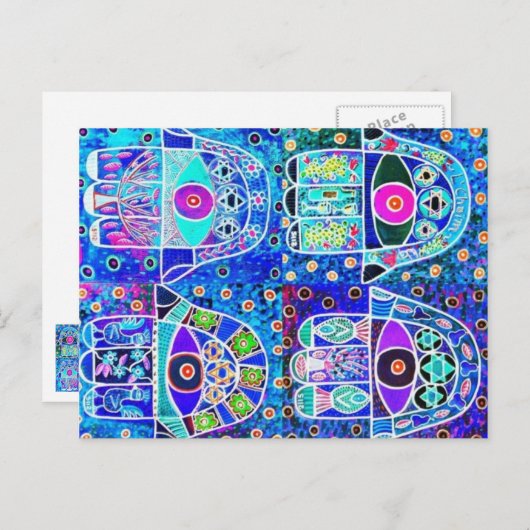 ４つの青いハムサ ヴィンテージ タパストリー ユダヤ教 ポストカード (正面/裏面)