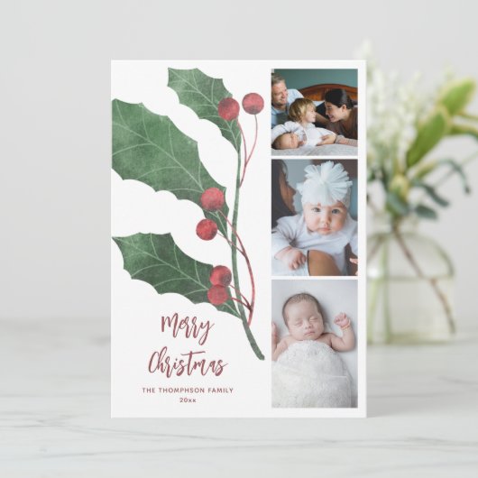 4枚の写真をコラージュした、エレガントなクリスマス 水彩 ホリー シーズンカード (スタンド正面)