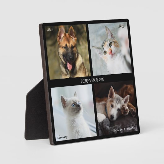 ４枚の写真を並べたペット用コラージュ、黒フレーム、キャプション - スクエア フォトプラーク (正面)