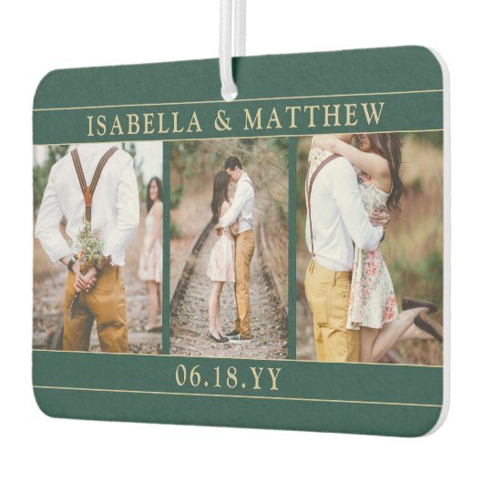 ４枚の写真を使ったウェディングコラージュ　エレガントなグリーン＆ゴールドハート カーエアーフレッシュナー (左)