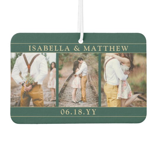 4枚の写真を使ったウェディングコラージュ エレガントなグリーン&ゴールドハート カーエアーフレッシュナー (正面)