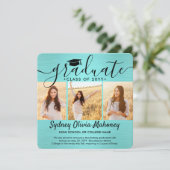 ４枚セット　写真　ブラシ加工　ターコイズブルー　ブラック　モダン　卒業式 案内状 (スタンド正面)