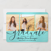 ４枚　写真　ブラシ　ターコイズブルー　ブラック　シンプル　卒業 案内状 (正面)