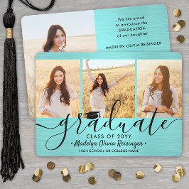 ４枚　写真　ブラシ　ターコイズブルー　ブラック　シンプル　卒業 案内状