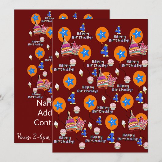 4歳の誕生日おめでとう! 招待状 誕生日4歳 (正面/裏面)