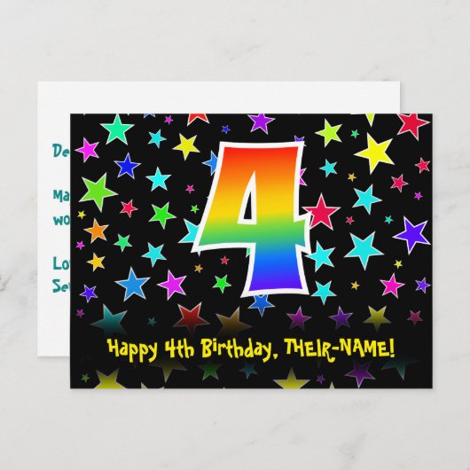 ４歳の誕生日おめでとう！楽しい星の模様、虹４、名前入り ポストカード (正面/裏面)