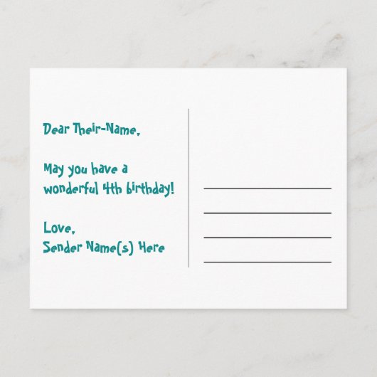 ４歳の誕生日おめでとう！楽しい星の模様、虹４、名前入り ポストカード (裏面)