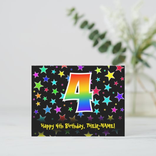 ４歳の誕生日おめでとう！楽しい星の模様、虹４、名前入り ポストカード (スタンド正面)