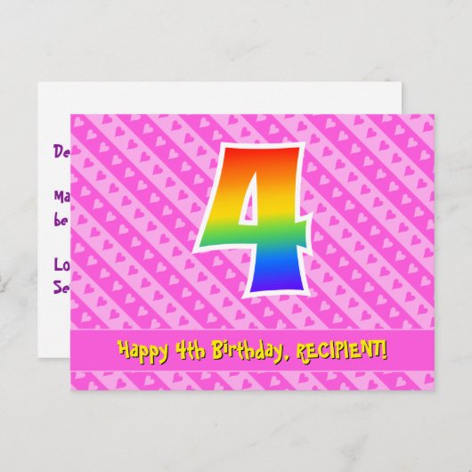 4歳の誕生日:ピンクのストライプとハート、虹色の4 ポストカード (正面/裏面)