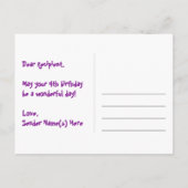 4歳の誕生日:ピンクのストライプとハート、虹色の4 ポストカード (裏面)