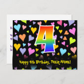 ４歳の誕生日：楽しいハート柄、虹色の４ ポストカード (正面/裏面)