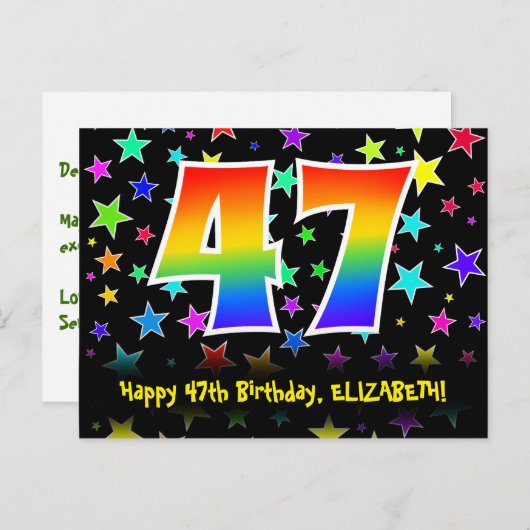 ４７歳の誕生日おめでとう：楽しいスター柄、虹４７、名前 ポストカード (正面/裏面)