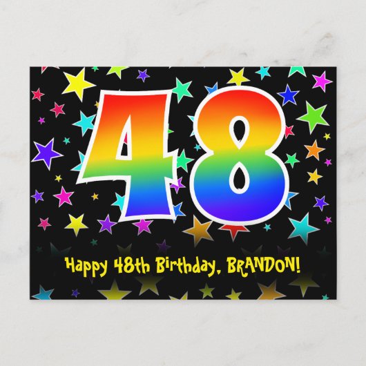 48歳の誕生日おめでとう:楽しいスターパターン、虹48、名前 ポストカード (正面)