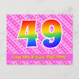 49歳の誕生日:ピンクのストライプとハート、虹49 ポストカード