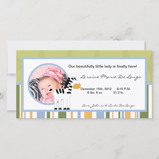 ４ｘ８写真 出生発表 サファリ フレンズ ゼブラ 案内状 (正面)